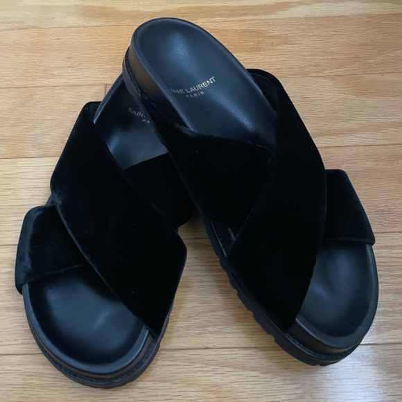 Saint Laurent Jimmy Joan Velvet Cross Slide - Picture 2 of 5